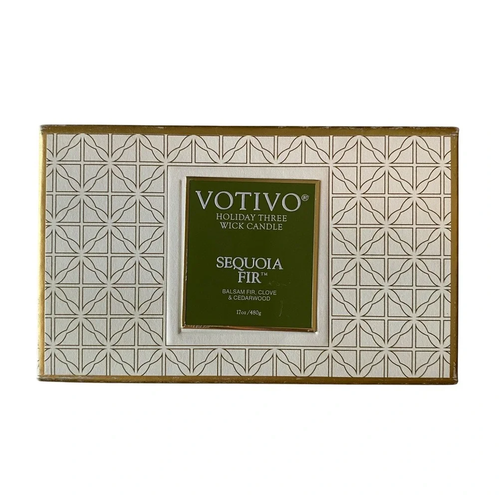 Votivo Sequoia Fir Holiday 3 Wick Candle 17oz Gold Balsam Clove Cedarwood Woodsy